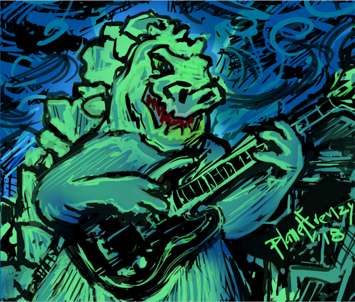 With a purposeful grimace and a funky sound. GODZILLA Funks